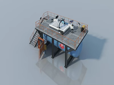 Sturdy Industrial Swing Door On Platform With Staircase And Equipment 3d model