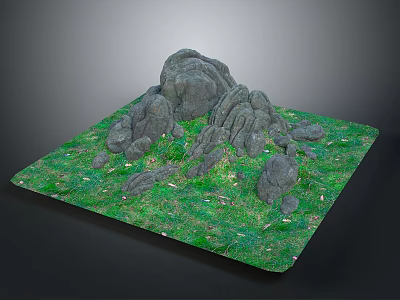 Natural Stone and Wood Decorative Landscape with Green Grass Square Platform 3d model