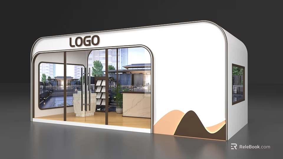 Modern White Exhibition Booth with Curved Design Large Glass Windows Display Shelves and Mountain Pattern 3d model 