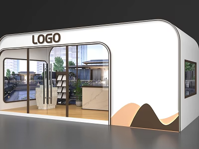 Modern White Exhibition Booth with Curved Design Large Glass Windows Display Shelves and Mountain Pattern 3d model