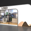 Modern White Exhibition Booth with Curved Design Large Glass Windows Display Shelves and Mountain Pattern