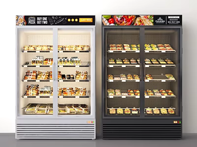 Glass Door Commercial Display Refrigerators Stocked With Various Foods On Multiple Shelves 3d model