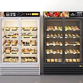 Glass Door Commercial Display Refrigerators Stocked With Various Foods On Multiple Shelves