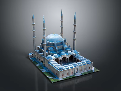 Cartoon Scene Of Mosque With Blue Dome Tall Minarets And Arched Structures 3d model