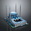 Cartoon Scene Of Mosque With Blue Dome Tall Minarets And Arched Structures