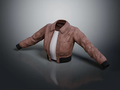 Stylish Brown Leather Jacket With White Inner Shirt Black Cuffs Hem And Cropped Design 3d model
