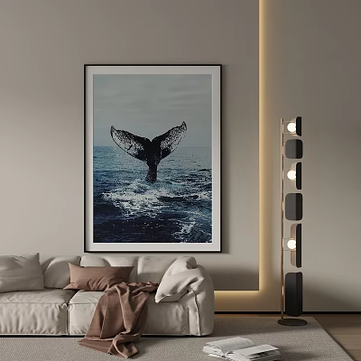 Whale Tail Ocean Sky Landscape Painting In Living Room With Sofa And Floor Lamp 3d model