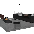 Modern Leather Sofa and Coffee Table Set with Round Glass Top Accent Pillows and Rug