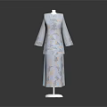 Light Blue Cheongsam With Floral Pattern Long Sleeves Stand Up Collar Matching Skirt On Mannequin