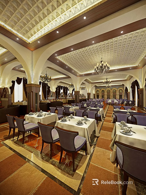 Elegant Restaurant Interior Design With Chandeliers Arched Structures And Purple Chairs 3d model 