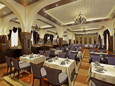 Elegant Restaurant Interior Design With Chandeliers Arched Structures And Purple Chairs 3d model