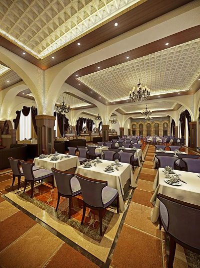 Elegant Restaurant Interior Design With Chandeliers Arched Structures And Purple Chairs 3d model