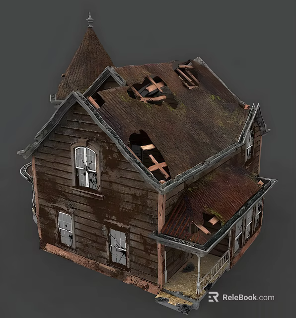 Cartoon Scene of Dilapidated House With Broken Roof and Moss Covered Walls 3d model 