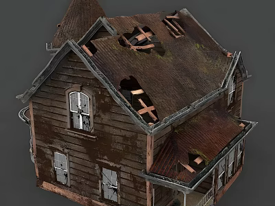 Cartoon Scene of Dilapidated House With Broken Roof and Moss Covered Walls 3d model