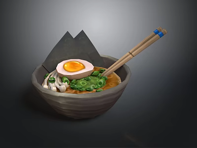 Delicious Ramen Bowl With Soft Boiled Egg Green Onions Mushrooms And Chopsticks 3d model