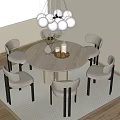 Round Dining Table Set With Six Upholstered Chairs Vase Candles And Spherical Pendant Light