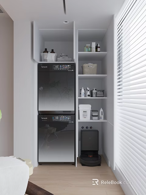 Organized Home Balcony With Stacked Washing Machine Dryer White Shelves Laundry Supplies And White Blinds 3d model 