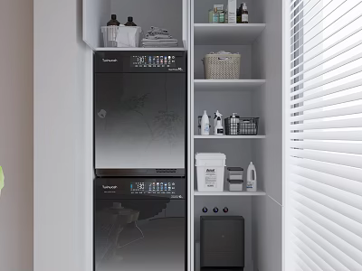 Organized Home Balcony With Stacked Washing Machine Dryer White Shelves Laundry Supplies And White Blinds 3d model