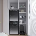 Organized Home Balcony With Stacked Washing Machine Dryer White Shelves Laundry Supplies And White Blinds