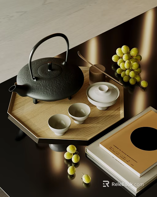 Elegant Tea Set with Black Teapot White Teacups on Wooden Tray and Green Grapes 3d model 