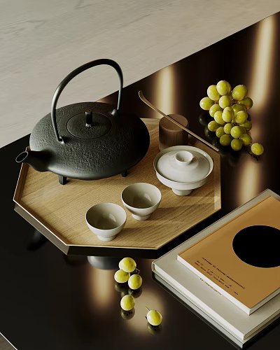 Elegant Tea Set with Black Teapot White Teacups on Wooden Tray and Green Grapes 3d model