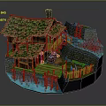 Cartoon Scene with Wooden House Green Roof Stone Wall Water Area and Wooden Bridge