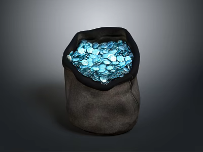 Full Burlap Bag Filled With Shiny Blue Coins On Dark Background 3d model