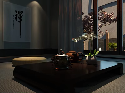 Zen Style Reception Room With Calligraphy Artwork Traditional Tea Set Orchid And Cherry Blossom View 3d model
