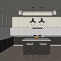 Black and White Kitchen Interior With Patterned Backsplash Hanging Lamps And Island Counter