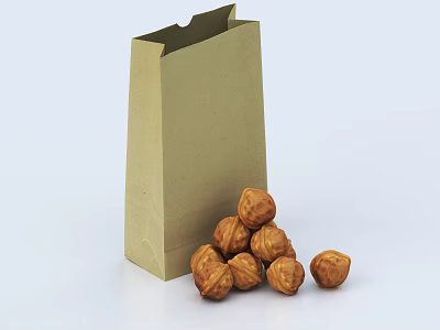 Stack of Chestnuts Next to Brown Paper Bag on White Background 3d model