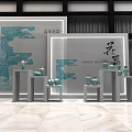 Elegant Display Shelves Showcasing Celadon Vases With Traditional Landscape Art