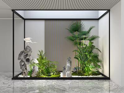 Indoor Garden Ornament with Glass Frame Lush Plants Rockery Stones and Wooden Screen 3d model
