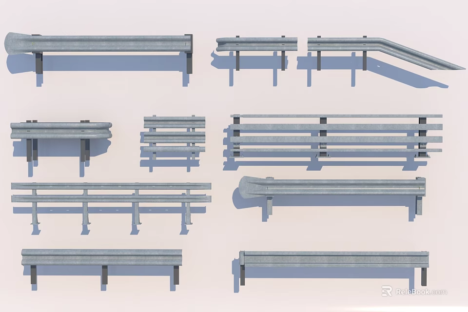 Different Types of Road Guardrails Featuring Various Designs for Highway Safety 3d model 