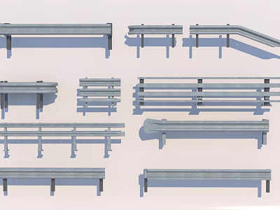 Different Types of Road Guardrails Featuring Various Designs for Highway Safety 3d model