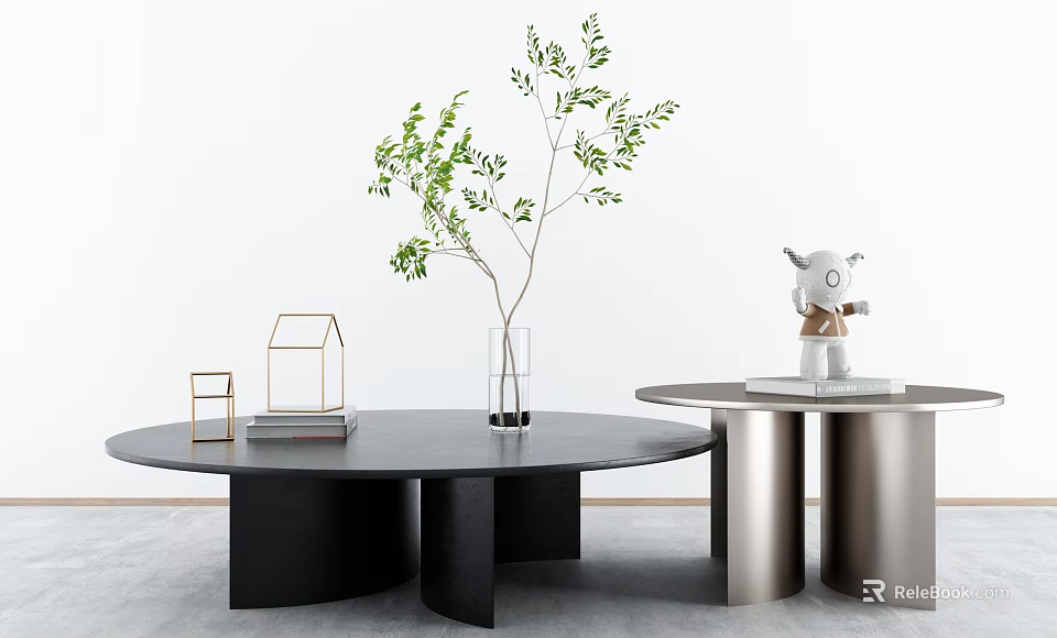 Black Round Coffee Table With Cylindrical Legs Green Plant Glass Vase And Small Decor 3d model 