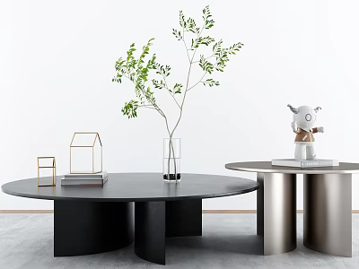 Black Round Coffee Table With Cylindrical Legs Green Plant Glass Vase And Small Decor 3d model