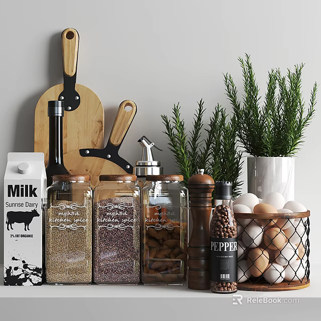 Essential Kitchen Tools With Wooden Cutting Board Knife Glass Jars Pepper Grinder And Fresh Rosemary 3d model 