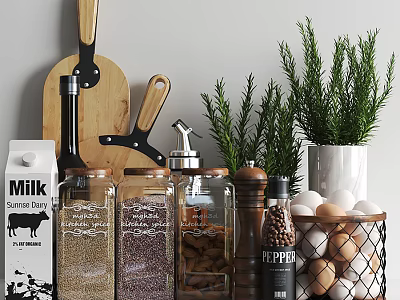Essential Kitchen Tools With Wooden Cutting Board Knife Glass Jars Pepper Grinder And Fresh Rosemary 3d model