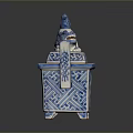 Blue and White Ceramic Sculpture with Dragon Decoration Square Structure and Detailed Carving
