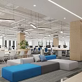 Bright Modern Office Lounge Area With Colorful Modular Sofas Next To Open Workstations