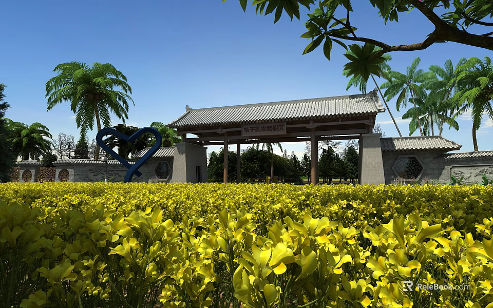 Traditional Chinese Entrance Gate In Yellow Flower Field With Palm Trees And Heart Sculpture 3d model 