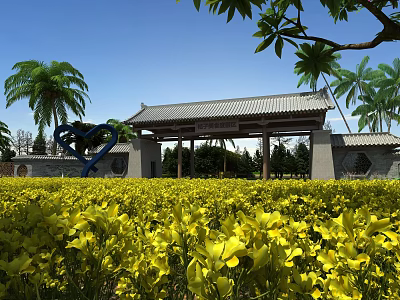 Traditional Chinese Entrance Gate In Yellow Flower Field With Palm Trees And Heart Sculpture 3d model
