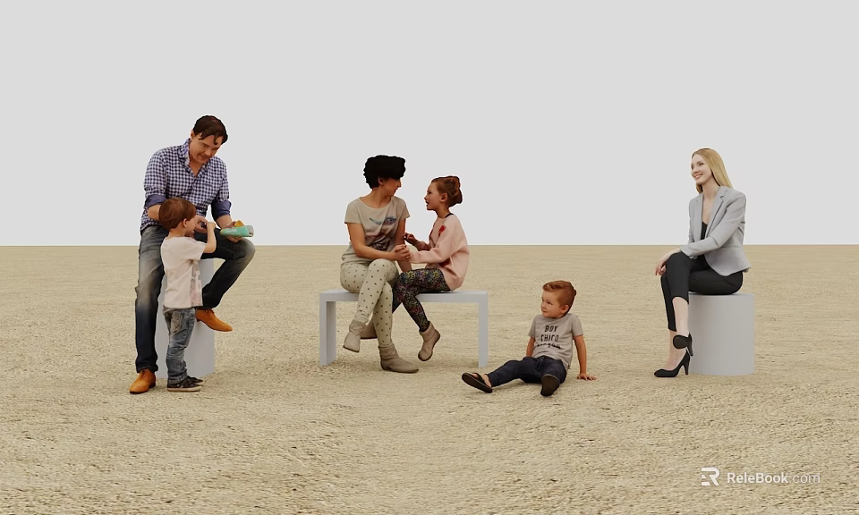 Group of People Interacting in Sandy Area With White Benches and Casual Seating 3d model 
