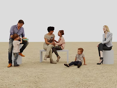Group of People Interacting in Sandy Area With White Benches and Casual Seating 3d model