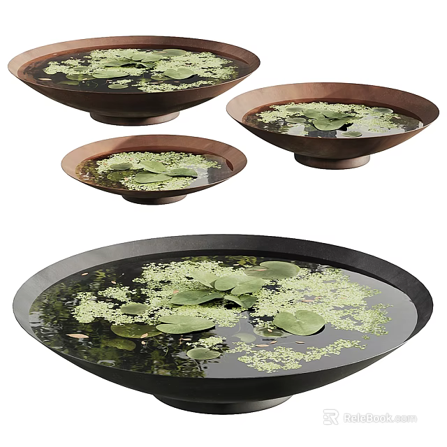 Decorative Water Bowls With Lily Pads And Duckweed In Brown Black Design 3d model 