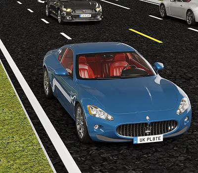 Luxury Blue Maserati Sports Car With Red Interior Driving On Road 3d model