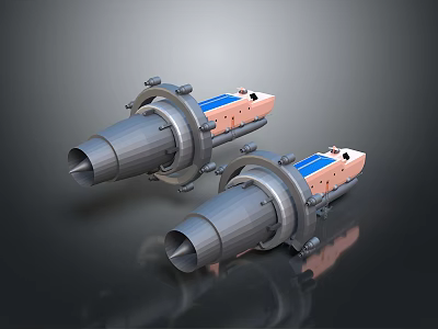 Two Industrial Metal Mechanical Components With Cylindrical Blue And Orange Sections 3d model
