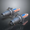 Two Industrial Metal Mechanical Components With Cylindrical Blue And Orange Sections
