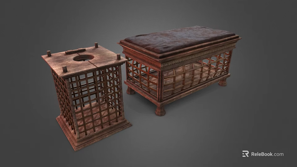Vintage Wooden Storage Chests With Latticed Structure Circular Hole And Leather Top 3d model 