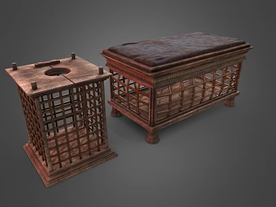 Vintage Wooden Storage Chests With Latticed Structure Circular Hole And Leather Top 3d model